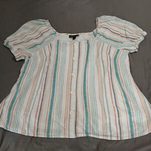 Lane Bryant 18 Baby-Doll Lined Linen White/Coral/Aqua Vert Striped Cap-Sleeved